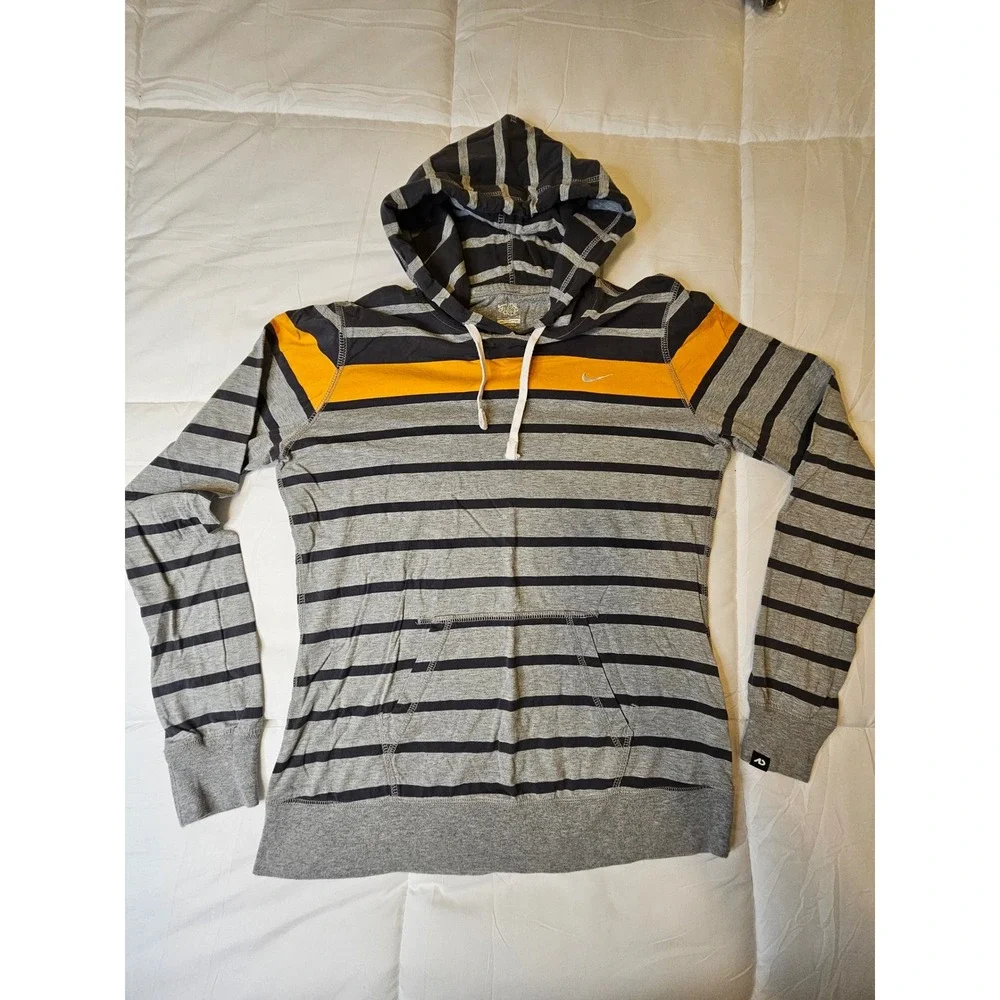 Nike Athletic Dept Striped Hoodie Grey Yellow Navy Cotton Pullover Women 